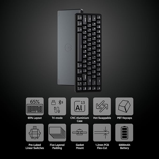 OOCTPK Chilkey ND65 Wireless Aluminum Mechanical Keyboard, 65% Layout Portable Gaming Keyboard, Tri-Mode BT5.0/2.4GHz/USB-C Hot Swappable Custom RGB Backlit Key Board for Laptop Office PC - Black