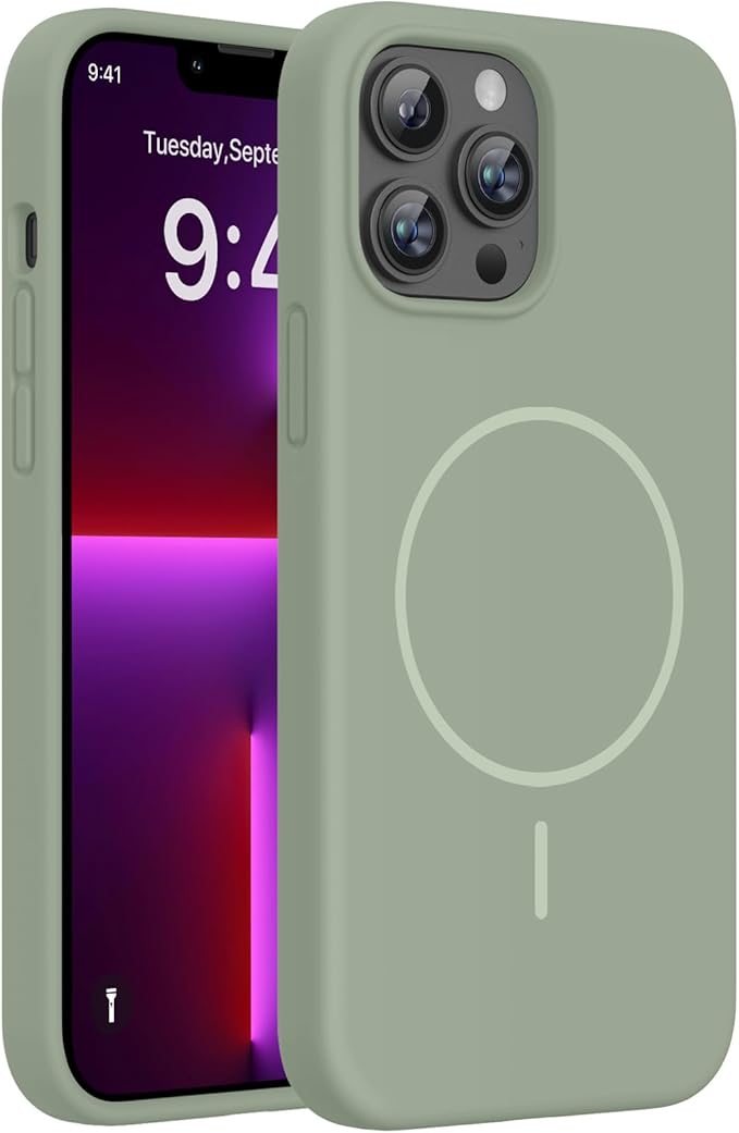 Miracase Magnetic for iPhone 13 Pro Max Case, [Soft Anti-Scratch Microfiber Lining], Compatible with MagSafe, Liquid Silicone Shockproof Drop Protection Phone Case for 13 Pro Max, Patina Green
