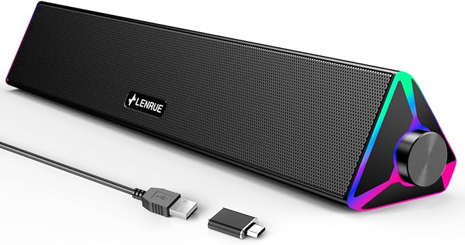 LENRUE Computer Speakers for Desktop,PC Speakers with Single USB for Power and Stereo Sound,Touch Lights Gaming Speakers Sound bar for Desktop PC Laptop(USB-C Adapter Included)