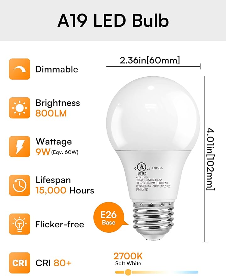 TJOY A19 Dimmable LED Light Bulbs, E26 Led Bulbs 60 Watt Equivalent, Warm Soft White 2700K, 800 Lumens Standard Base, Energy Saving Lightbulbs, Efficient 9W, 120V, 15,000 Hour Lifetime, 6 Pack