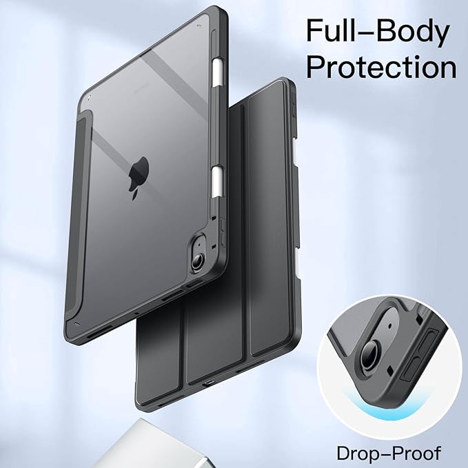 JETech Case ONLY for iPad Air 11-Inch M4/M3/M2 (2026/2025/2024), iPad Air 5/4 (2022/2020 5th/4th) with Pencil Holder, Clear Transparent Back Slim Stand Shockproof Tablet Cover (Dark Grey)