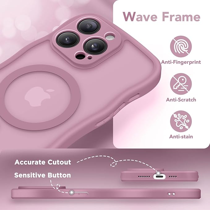 CAPRARO Cute for iPhone 15 Pro Case, Compatible with MagSafe, [Curly Wave Edge] [Full Camera Protection] [14 FT Drop Protection] Magnetic Phone Case for 15 Pro 6.1 Inch, Black Currant