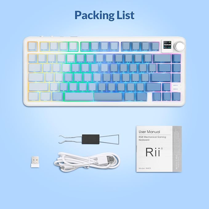 Rii RK805 Wireless Gasket Mechanical Keyboard with TFT Screen and Knob,75% Creamy Gaming Keyboard with RGB Backlight,Tri-Mode BT/2.4G/USB-C,Hot Swappable,for Windows/Mac/Linux(Blue Gradient)