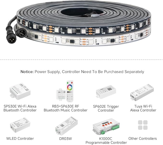 BTF-LIGHTING IP68 Waterproof Outdoor WS2811 RGB IC LED Strip Addressable Dream Color Flexible 5050SMD Light DC12V 16.4ft 60LEDs/m 20Pixels/m Can Work Outdoor White PCB(No Adapter or Controller)