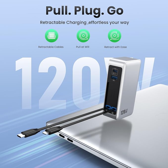 USB C Charger Block 120W with Built-in 2 Retractable Cables,4-in-1 GaN IV Charger Fast Charging Foldable Plug Wall Charger,PD 65W Laptop Charger for MacBook,iPad,iPhone 17/16/15,Galaxy,Android-Silver