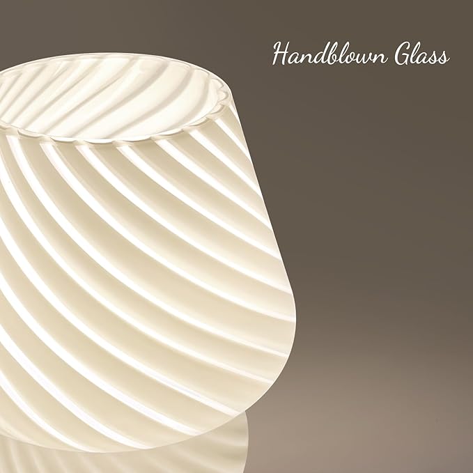 ONEWISH Mushroom Lamp-Small Bedside Table Lamp with Striped Glass, Nightstand Lamp for Bedroom, Living Room, 3000K E26 Bulb Included(White)