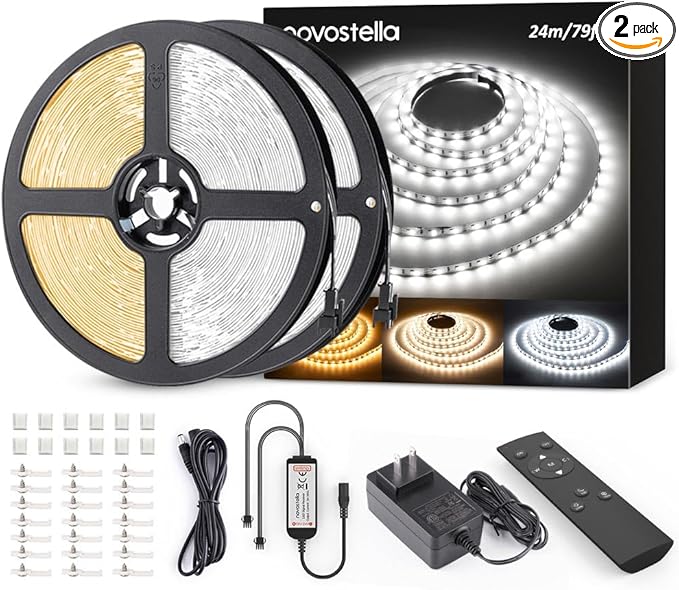 NOVOSTELLA 79ft(2rolls) Tunable White LED Strip Light Kit 2688LEDs Dimmable 3000K-6500K 24V Flexible Tape Remote Ribbon for Stage Bedroom Party Kitchen Stair Living Room Ceiling Daylight Warm White