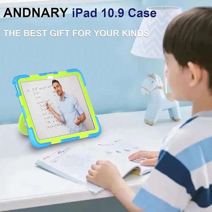 Andnary Case for iPad (A16) 11th Generation 11 inch 2025/10th Generation 10.9 inch 2022, Shockproof Cover with Screen Protector/360° Rotate Handle/Bracket/Pen Holder/Shoulder Strap (Blue+Green)