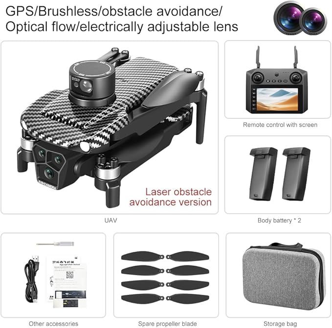 GPS Remote Control Drone, HD Quadcopter with 4K Camera, 7.4V 3000mAh Battery (2 Batteries), 4.5-Inch FPV Screen, 5G Real-Time Transmission, Laser Obstacle Avoidance, Brushless Motor, Optical Flow Positioning, LED Lights, Altitude Hold, Intelligent Hove...