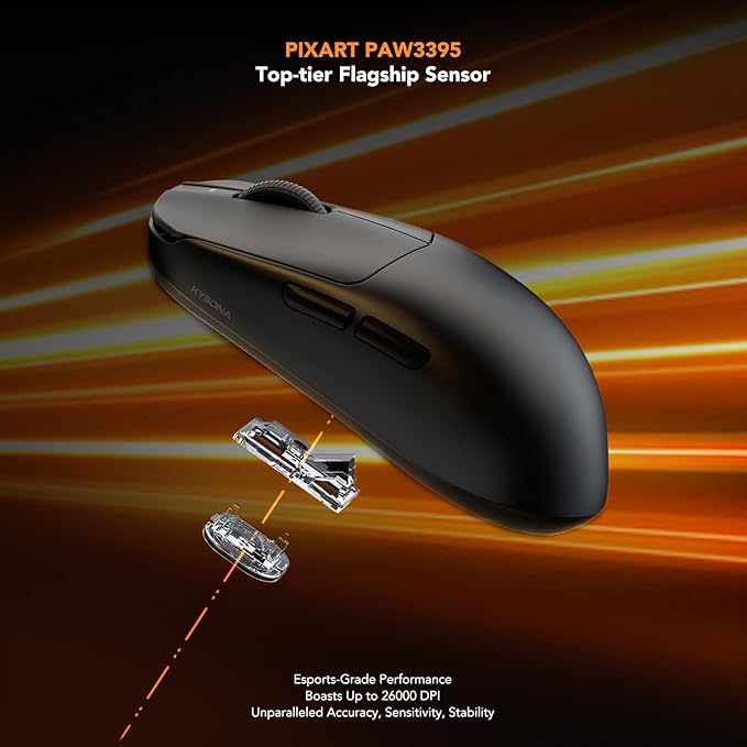 KYSONA Mercury Wireless Gaming Mouse，41g Ultalight, PAW3395 Sensor, 8K Polling Rate,26000 DPI,5 Programmable Buttons Optical Mice for PC/MAC/Laptop,Black