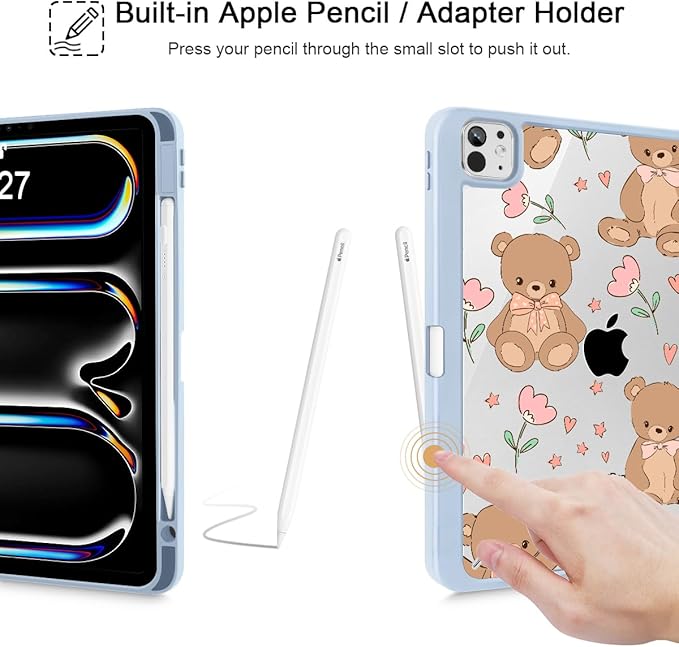 May Chen for iPad Pro 13 Inch Case M5 2025 / M4 2024, Built Pencil Holder & Clear Transparent Print Back Shell Slim Stand Shockproof Tablet Cover, Auto Wake/Sleep, Cute Teddy Bear