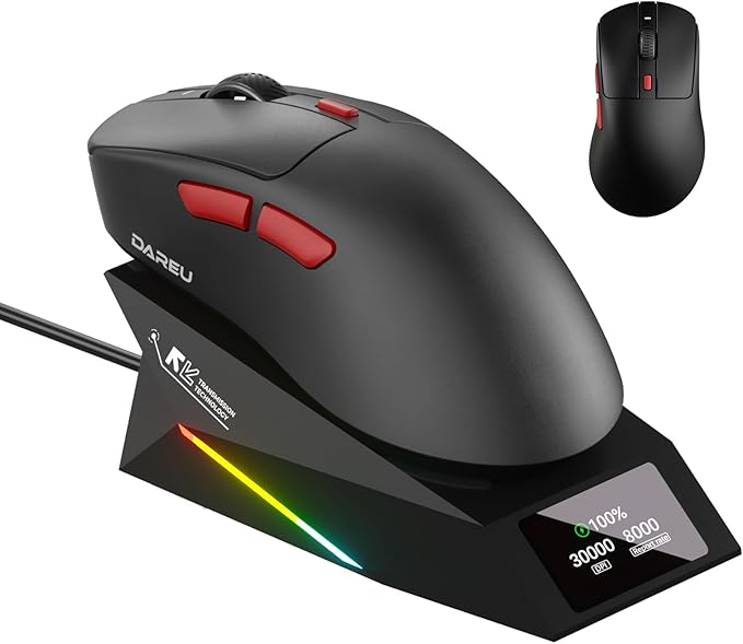 DAREU AE7 Pro Wireless Gaming Mouse with Charging Dock, 8K Polling, 30K DPI Custom P3950 Sensor, 62g Lightweight Right-Handed Mouse w/Tri-Mode connectivity,6 Programmable Buttons