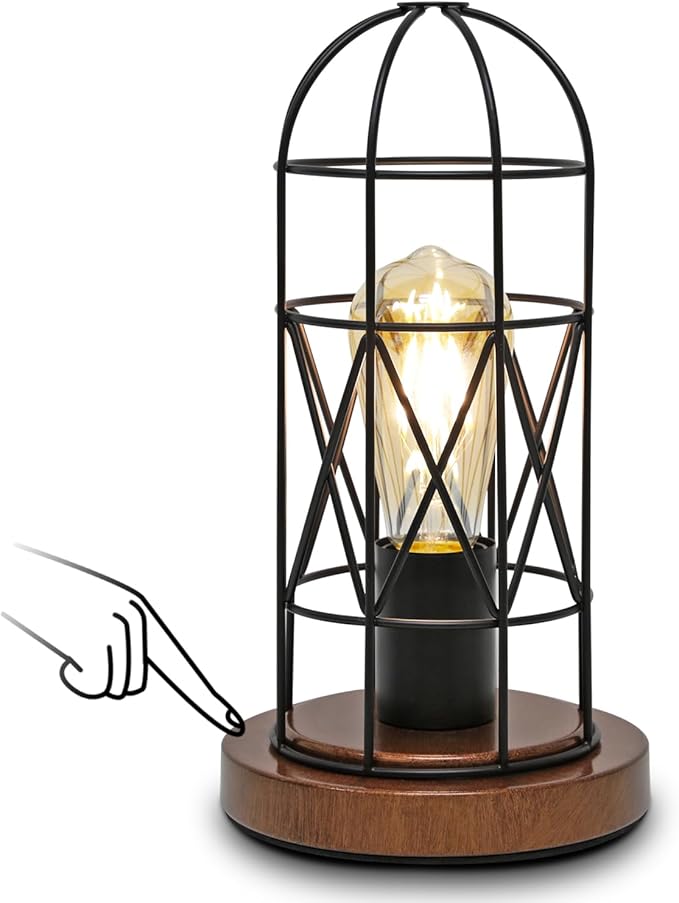Touch Control Table Lamp, Industrial Bedside Lamp with 3 Way Dimmable, Small Nightstand Vintage Metal Cage Desk Lamps, Steampunk Table Lamps for Bedroom, Living Room, Kitchen (Bulb Included)