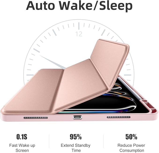 Compatible with iPad Pro 13 Inch Case M5 2025/ M4 2024, Soft TPU Back Cover for iPad 13 Pro Case, with Pencil Pro & (USB-C) Holder, Trifold Stand, Auto Wake/Sleep, Rose Pink