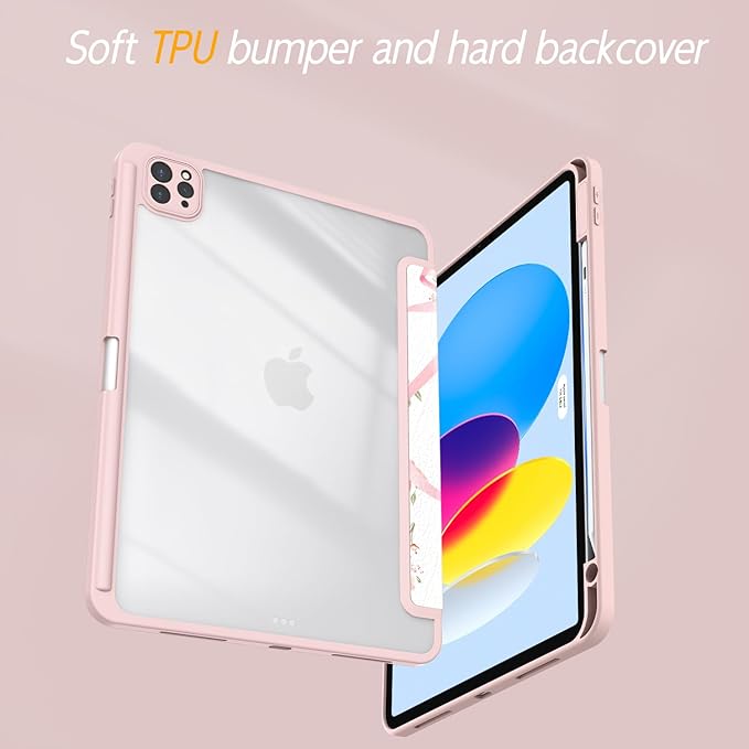 Case for iPad Pro 11 inch 4th/ 3rd/ 2nd / 1st Generation (2022/2021/2020/2018), Case with Pencil Holder, Clear Back Cover Cute Cool Design for Women Girls, Auto Sleep/Wake, Bow Tulip