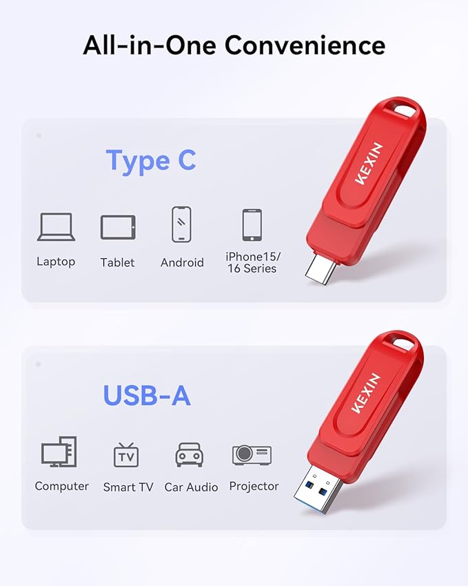 KEXIN USB C Flash Drive 512GB Thumb Drive 100MB/s Swivel Dual USB Drive 3.0 USB-A & Type-C Memory Stick for Smartphone Tablet iPhone 15/16 Car Game Console, 512GB Red