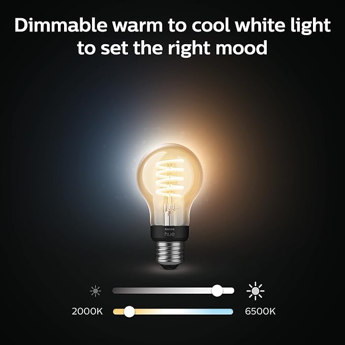 Philips Hue Smart 40W A19 Filament LED Bulb - White Ambiance Warm-to-Cool White Light - 2 Pack - 550LM - E26 - Indoor - Control with Hue App - Works with Alexa, Google Assistant and Apple Homekit