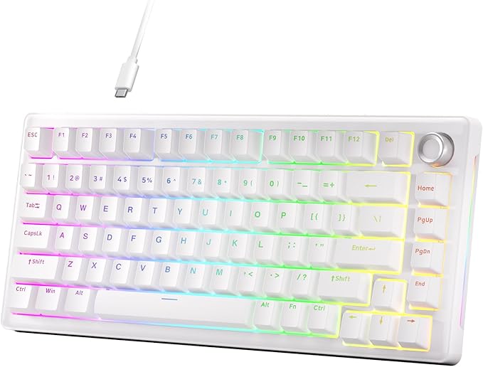DIERYA DK81E 75% Mechanical Gaming Keyboard, Hot-Swappable, Pre-Lubed Linear Switches, Gasket-Mount, 6-Layer Dampening Foam, Programmable, Volume Knob, RGB Backlit, Double-Shot Keycaps, Wired, White