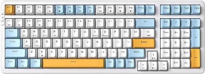 Qisan Wireless/Wired Mechanical Gaming Keyboard ,Triple Mode 2.4G/USB-C/BT (98%)Wireless Mechanical Keyboard with US Layout | Brown Switch Rechargeable RGB Backlit Keyboards for Gaming, White & Yellow