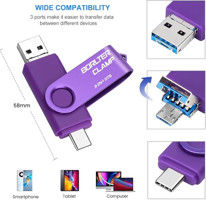 64GB 3 in 1 USB 3.0 Flash Drive Photo Stick for Android Phones, BorlterClamp OTG Memory Stick with 3 USB Ports (USB C, microUSB, USB A) for Samsung Galaxy, LG, Tablets, PC and More, Purple