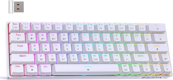 DIERYA DK63 60% Wireless Mechanical Gaming Keyboard | Bluetooth/2.4G/Wired Keyboard | RGB Backlit Compact 63 Keys Mini Office Keyboard | with Red Switch | for Windows Laptop PC Gamer Typist-White