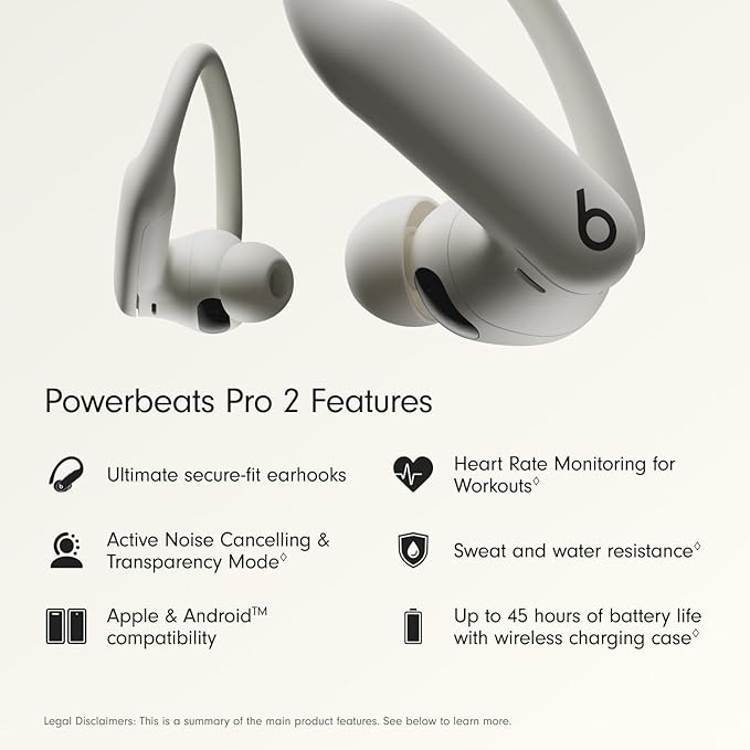 Beats Powerbeats Pro 2 - Wireless Noise Cancelling Workout Earbuds with Secure- Fit Earhooks, Up to 45-Hour Battery with Charging Case, Sweat & Water Resistant, Heart Rate Monitoring - Quick Sand