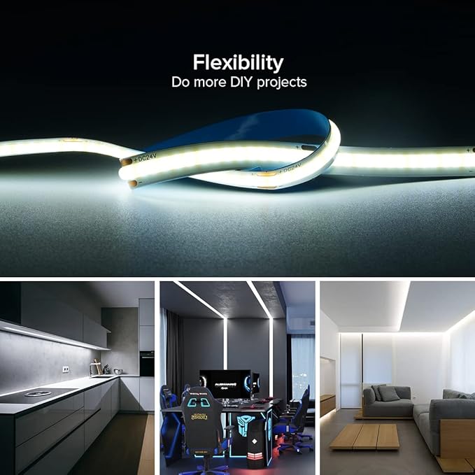 16.4FT DC12V COB LED Strip 6000K Cool White 320LEDs Flexible High Density Uniform Bright Light Strip 9W/m, CRI90+ Dimmable LED Light for DIY Kitchen Bedroom Home Decor, No Power and Controller