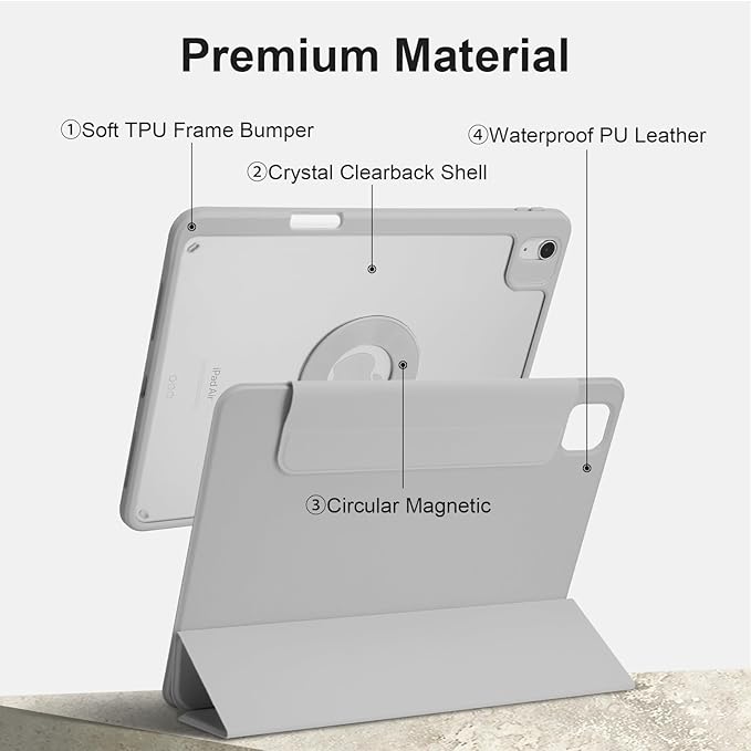 Case for iPad Air 11 Inch M4/M3/M2 2026/2025/2024, iPad Air 10.9" 5th/4th Gen. 2022/2020, iPad Pro 11" 4th/3rd/2nd 2022/2021/2020 with Pencil Holder, Vertical Stand, Detachable Magnetic, Gray