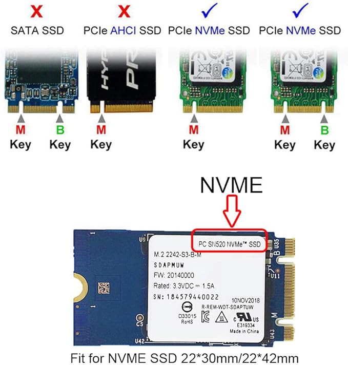 Xiwai USB 3.1 Gen2 10Gbps to NVME PCI-E M-Key Solid State Drive External Enclosure 2230/2242mm