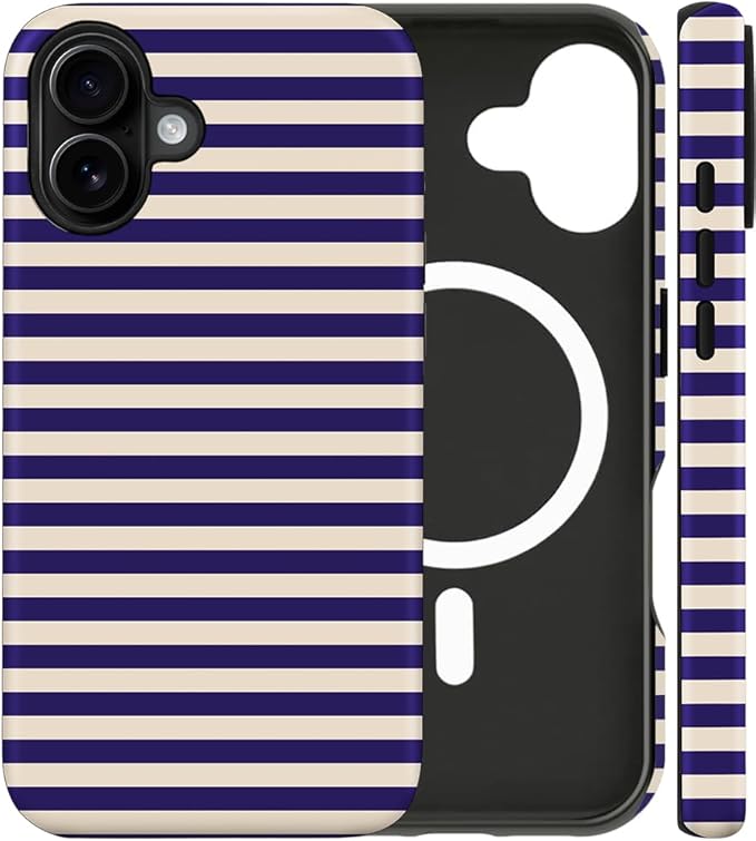 Magnetic for iPhone 17 Case Cute Stripes Phone Case, Shockproof Slim TPU and Hard PC Protective Phone Cover Compatible with MagSafe Designed for Women Girls, Blue&Apricot