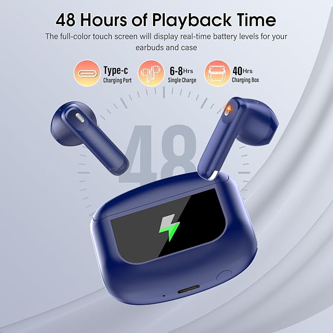 Wireless Earbuds, Bluetooth 5.4 Headphones with Multifunctional Touch Screen, 48H Bass Stereo Ear Buds with ANC/ENC Noise Cancelling/Transparency Mode, IPX7 Earphones with 5 EQ Modes, Sky Blue