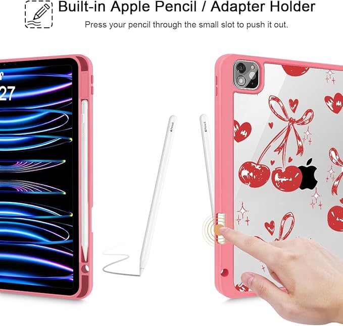 Mektron Case for iPad Pro 11 inch (4th, 3rd, 2nd & 1st Gen) 2022 2021 2020 2018, Buit in Pencil Holder with Shockproof Cover Clear Shell + Trifold Stand + Auto Wake/Sleep, Cherries Bows C388