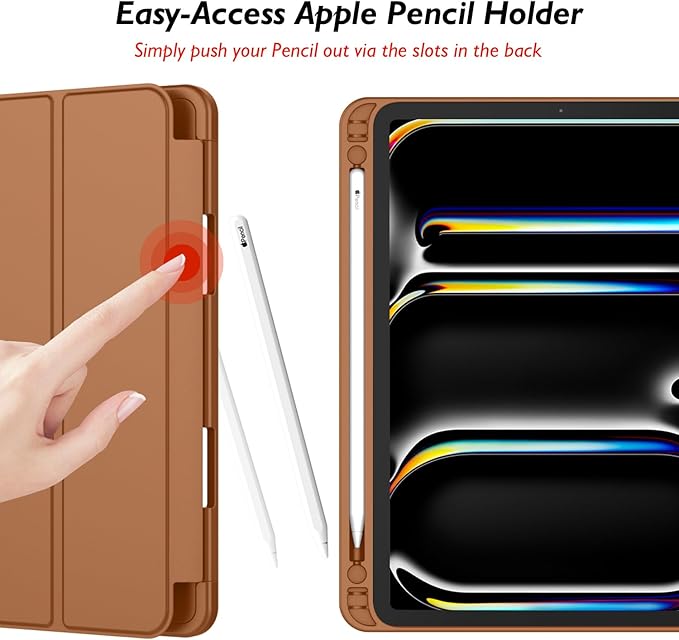 iMieet Case for iPad Pro 11 Inch (M5) 2025 /(M4) 2024 5th Gen, Trifold Stand Smart Cover with Pencil Holder and Soft TPU Back, Auto Wake/Sleep (Brown)