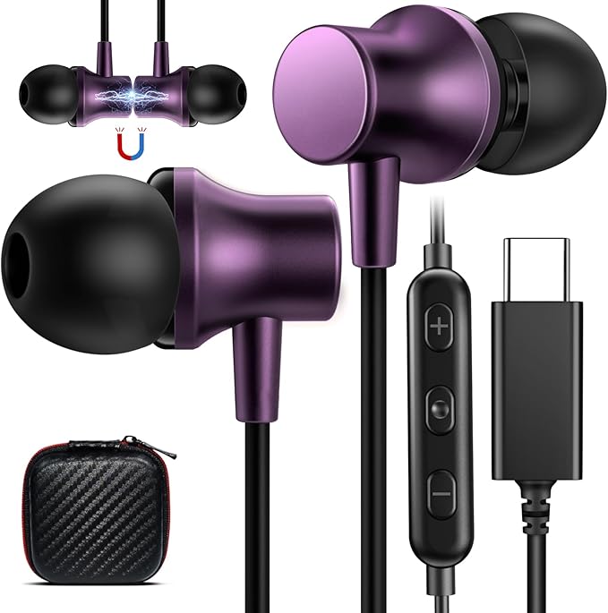 COOYA USB C Headphone Type C Wired Earbuds for iPhone 17 16 15 Pro Max iPad 10 Air 6 Pixel 9 8 Magnetic Bass Noise Canceling In-Ear Earphone+Mic for Samsung Galaxy S26 Ultra A16 S25 S23 for OnePlus 13