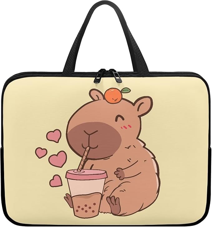 13 Inch Capybara Bubble Tea Laptop Sleeve, Protective Tablet Case with Handle, Water Resistant Zipper Computer Bag Carrying Case Notebook Cover Messenger Briefcase for Women