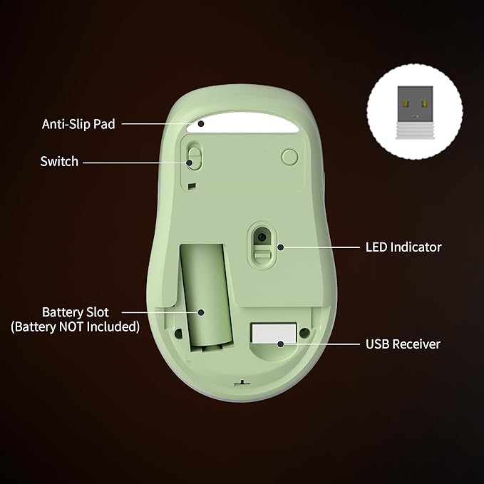 Camiysn V100 Wireless Green Mouse, Ultra-Light 2.4G USB Mouse with Adjustable DPI, Premium Rubber Scroll Wheel & Advanced Optical Sensor, Auto Sleep Mode for Energy Saving