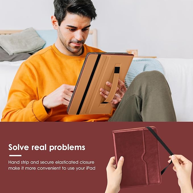 VIKESI Case for iPad Pro 13-inch M5 or M4 Released in 2025 or 2024, Leather Stand Cover with Apple Pencil Holder, Auto Wake/Sleep, Multiple Viewing Angles, Built in Hand Strap & Pocket,Burgundy Red