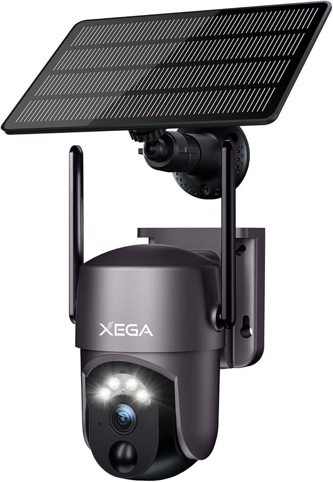 Xega Security Camera Wireless Outdoor 2K 360° PTZ Camera Solar Security Cameras 2.4G WiFi Video Surveillance w/Spotlight & Siren, Color Night Vision, AI Motion Detection, 2-Way Talk, IP66
