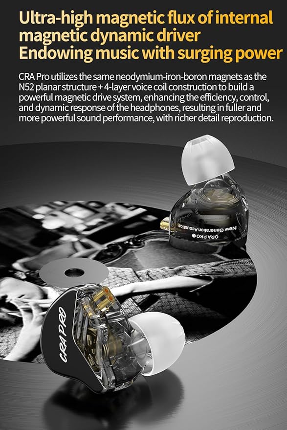CCA CRA PRO in Ear Monitors, IEMs for Gaming, Ultra-Thin DLC Diaphragm Dynamic Driver Wired Gaming Earbuds, Deep Bass Clear Sound Ear Buds IEM Headphones, in Ears for Singers DJ (Black, Without Mic)