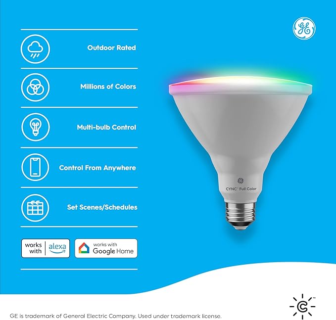 GE Lighting CYNC Smart LED Light Bulb, Color Changing Lights, Bluetooth and Wi-Fi Lights, Works with Alexa and Google Home, PAR38 Outdoor Floodlight (1 Pack)
