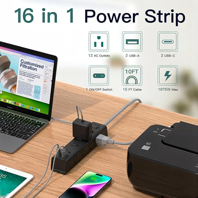 Addtam 10FT Power Strip Surge Protector, 12 Wide Spaced Outlets 4 USB Ports, Flat Plug Extension Cord, Wall Mount Outlet Extender, 1050J Protection for Desk Office Gaming, ETL Listed, Black