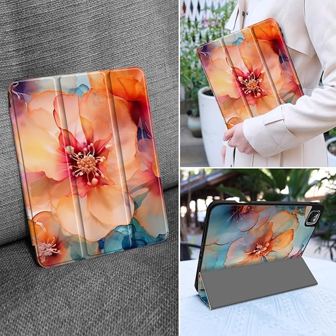 MEEgoodo Case for iPad Pro 12.9 Case M2 6th/5th/4th/3rd Generation 2022 2021 2020 2018, Protective Tablet Cover with Soft Back Shell for Kids, Ink Colorful Flowers