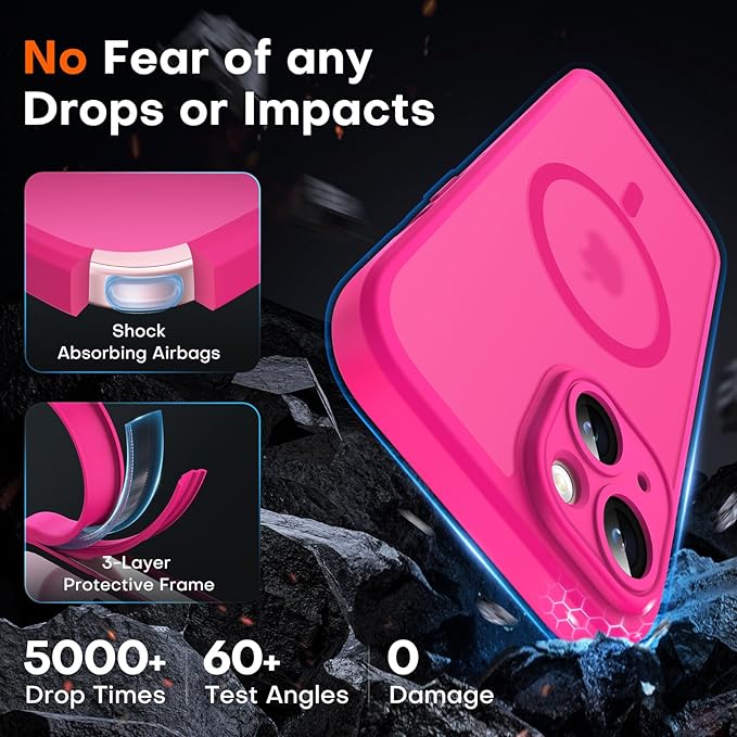 TOCOL for Phone 15 Case, Compatible with Magsafe Charger, Full Camera Protection, Drop Protection, Translucent Matte Phone Case for iPhone 15 6.1 inch (Hot Pink)