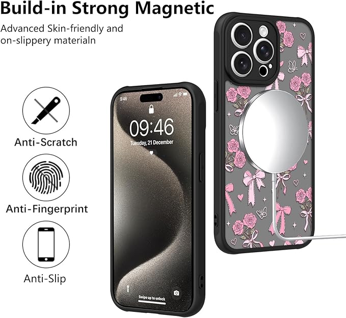 KANGHAR Case Compatible with iPhone 15 Pro Bows Bouquet Pattern [Compatible with Magsafe] Cute Flowers Florals Protective Magnetic Case for Girls Women Men