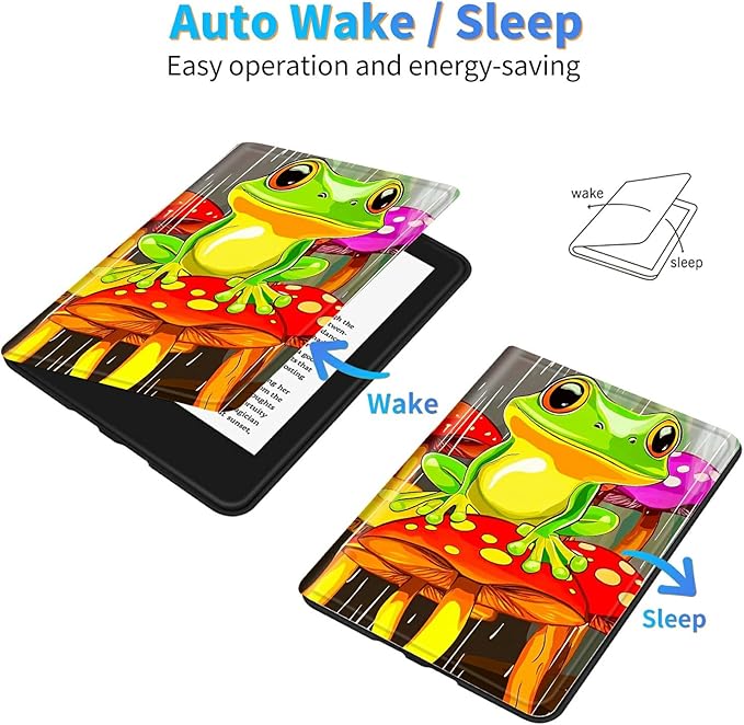 for 7" Kindle Paperwhite 12th Generation 2024/2025 & Kindle Colorsoft Signature Edition Tablet Case, Slim Kickstand Stand Leather Smart Cover with Auto Wake/Sleep, Green Frog Mushroom