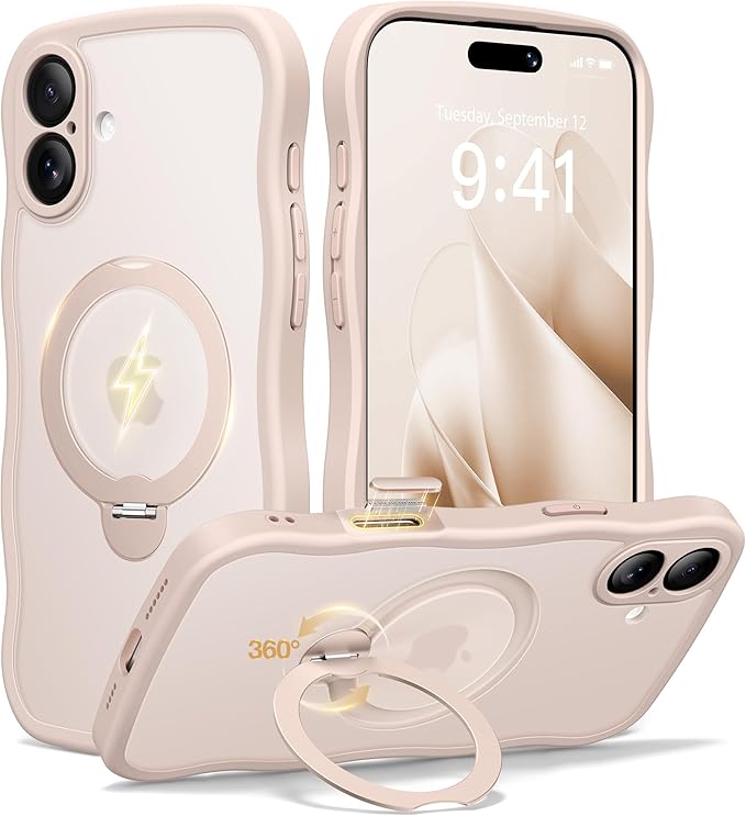 CAPRARO for iPhone 16 Plus Case with 360° Spin Magnetic Stand for Women, [Compatible with MagSafe] [Full Camera Protection] Cute Wave Translucent Matte Case for iPhone 16 Plus, Pink Gold