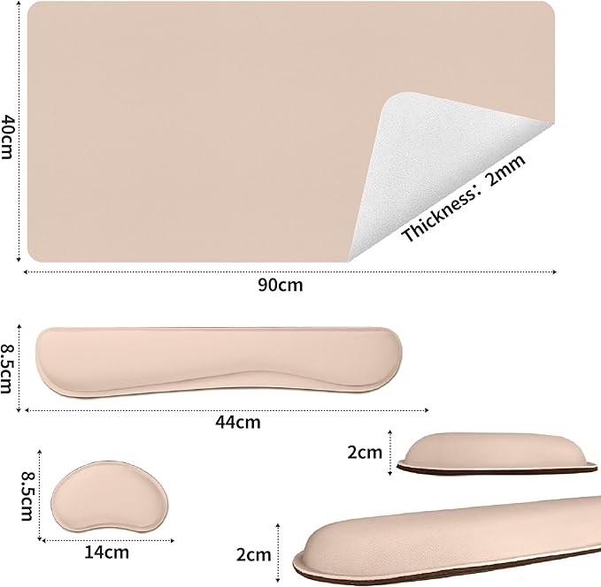 Bloss Leather Desk Pad and Keyboard Wrist Rest, Large Mouse Pad + Keyboard Pad+Mouse Wrist Support, Non-Slip Desk Mat Protector for Office, Home (35.4×15.7 Inches,Beige)