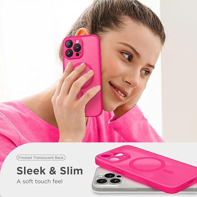 CAPRARO Magnetic for iPhone 15 Pro Case, [Compatible with MagSafe] [Full Camera Protection] Shockproof Protective Slim Translucent Matte Phone Case for iPhone 15 Pro 6.1'', Hot Pink