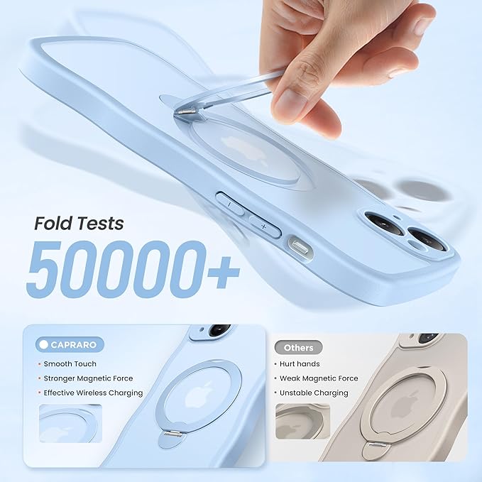 CAPRARO for iPhone 15 Case with 360° Spin Magnetic Stand for Women, [Compatible with MagSafe] [Full Camera Protection] Cute Wave Translucent Matte Case for iPhone 15, Sky Blue