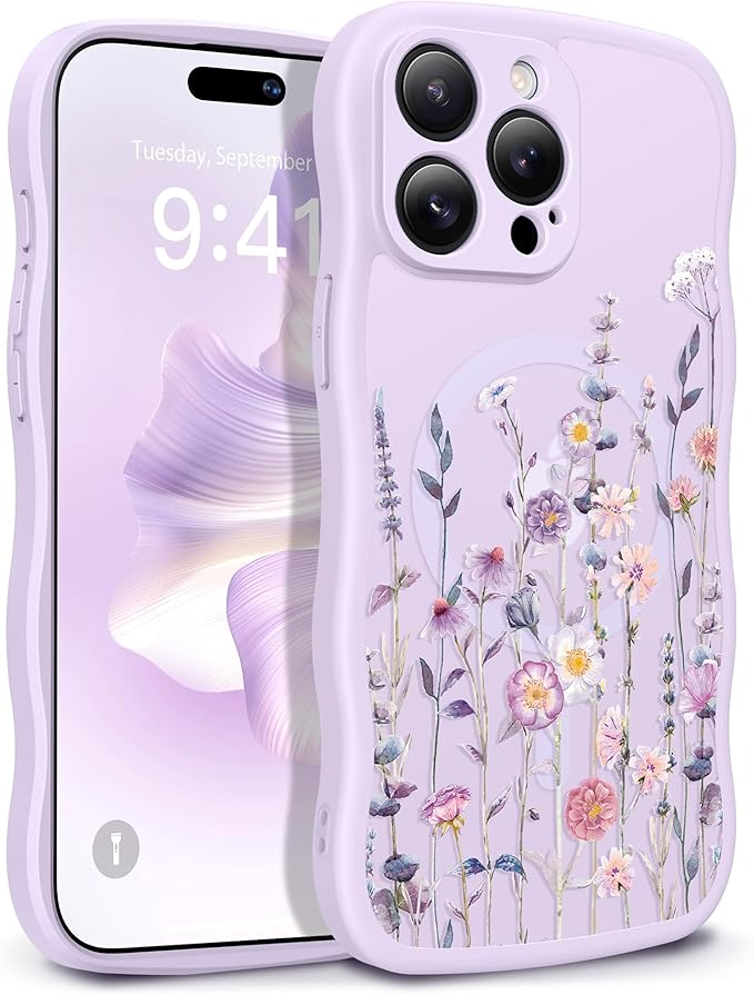 GVIEWIN for iPhone 15 Pro Case Compatible with MagSafe [Curly Wave Edge][Full Camera Protection] Floral Translucent Shockproof Magnetic Women Phone Case for iPhone 15 Pro 6.1'', Floratopia/Purple